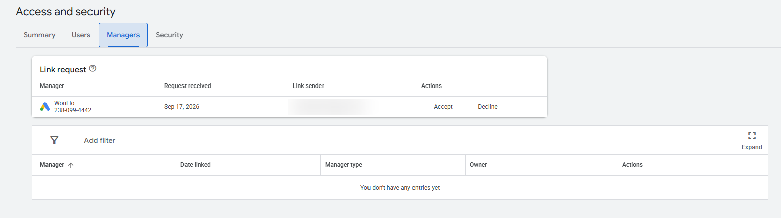 The Google Ads Managers tab showing a pending WonFlo link request awaiting a response.