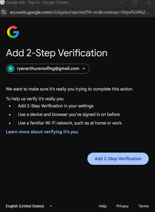 Google's prompt to add 2-Step Verification before the account change can continue.