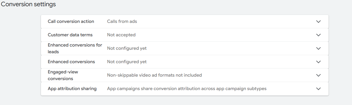The Google Ads conversion Settings page showing its collapsed rows, including Customer data terms.