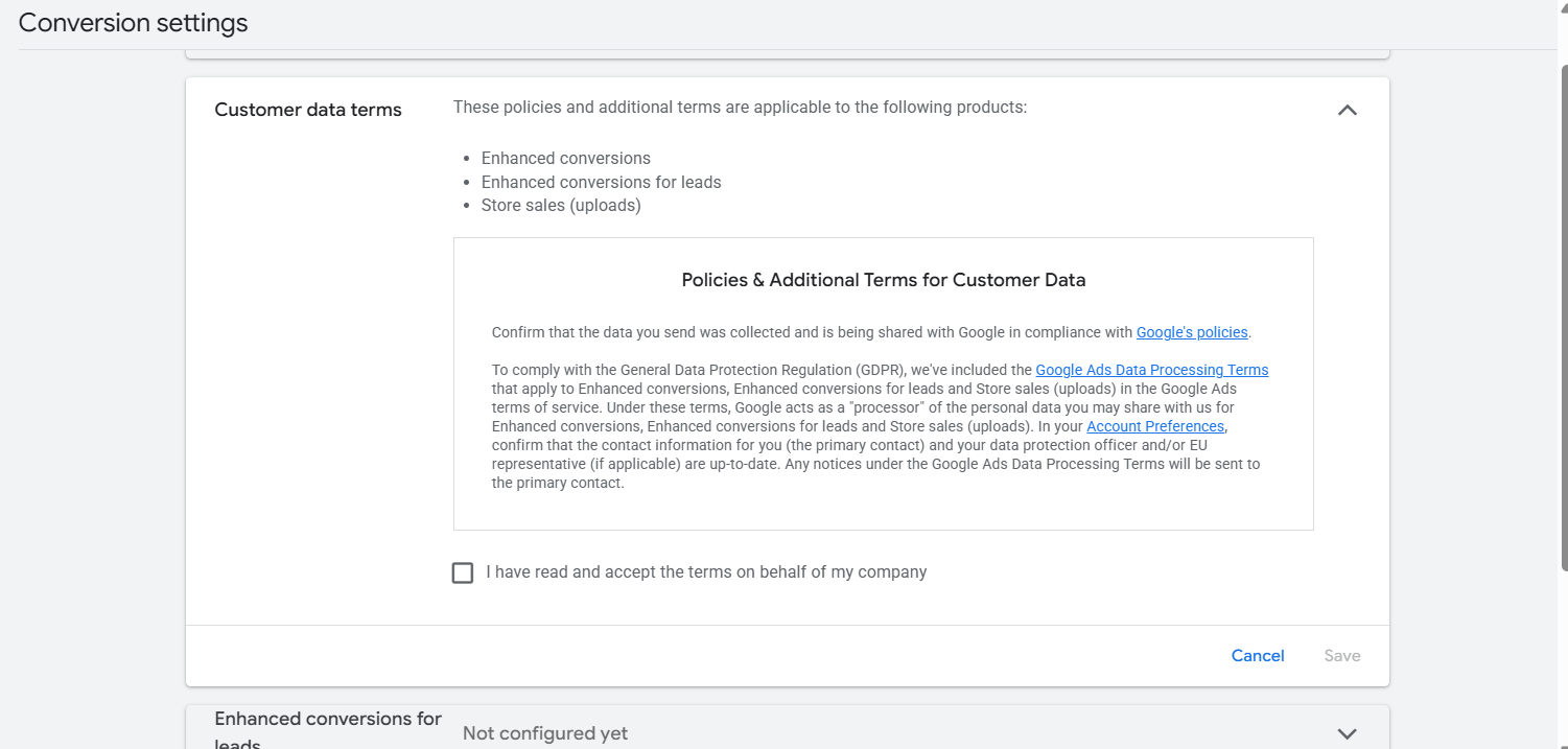 The customer data terms expanded, with the acceptance checkbox not yet ticked.